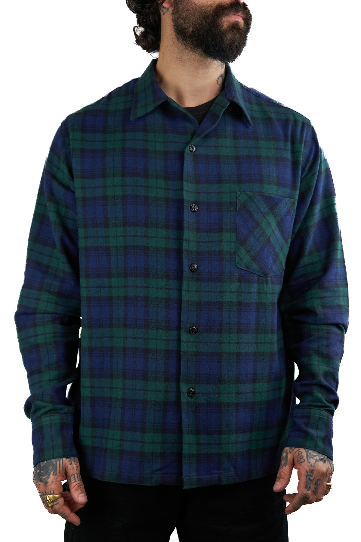 Cotton Flannel Button Down - BLACKWATCH PLAID