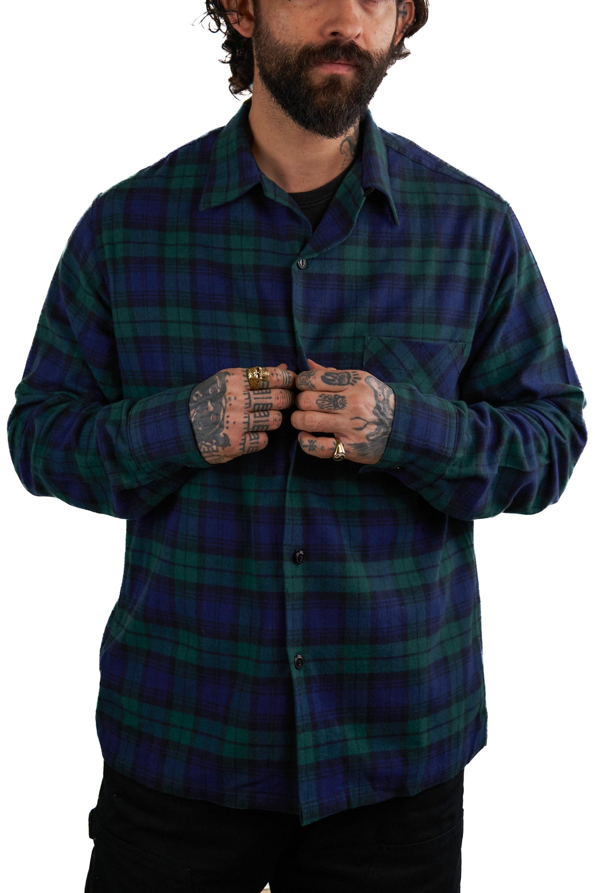 Cotton Flannel Button Down - BLACKWATCH PLAID