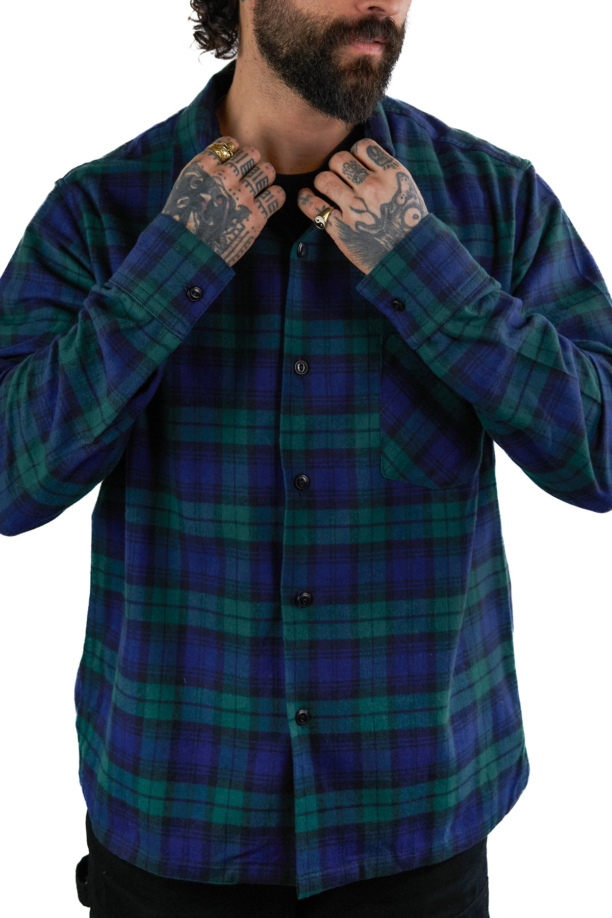 Cotton Flannel Button Down - BLACKWATCH PLAID