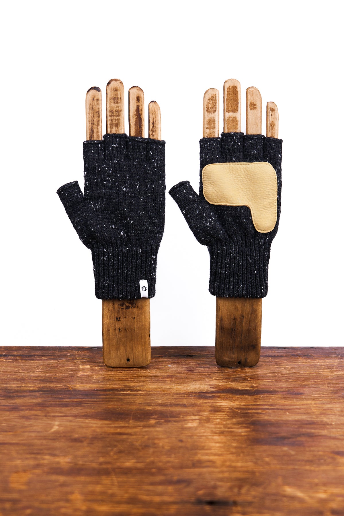 Black Tweed Fingerless Glove with Natural Deerskin Palm