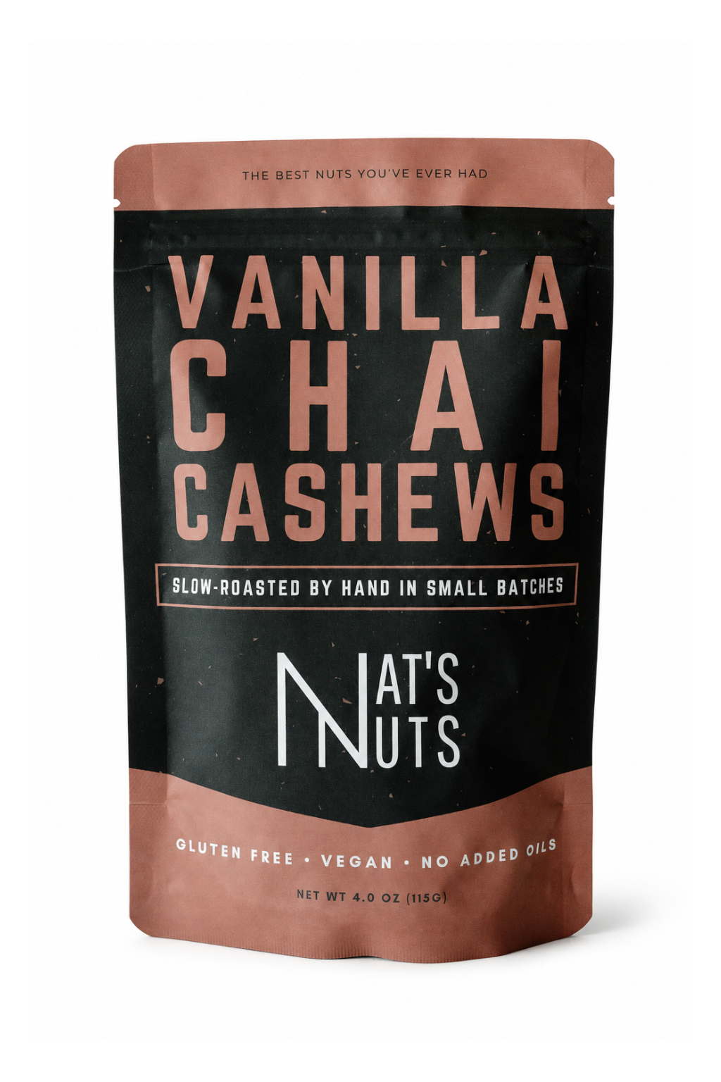 A stand-up pouch of Nat's Nuts Vanilla Chai Cashews on a plain white background. The packaging features a black center with large copper-pink and white text, and copper-pink bands at the top and bottom.