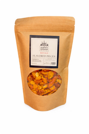 Bag of flavored pieces with a visible brand label on a white background
