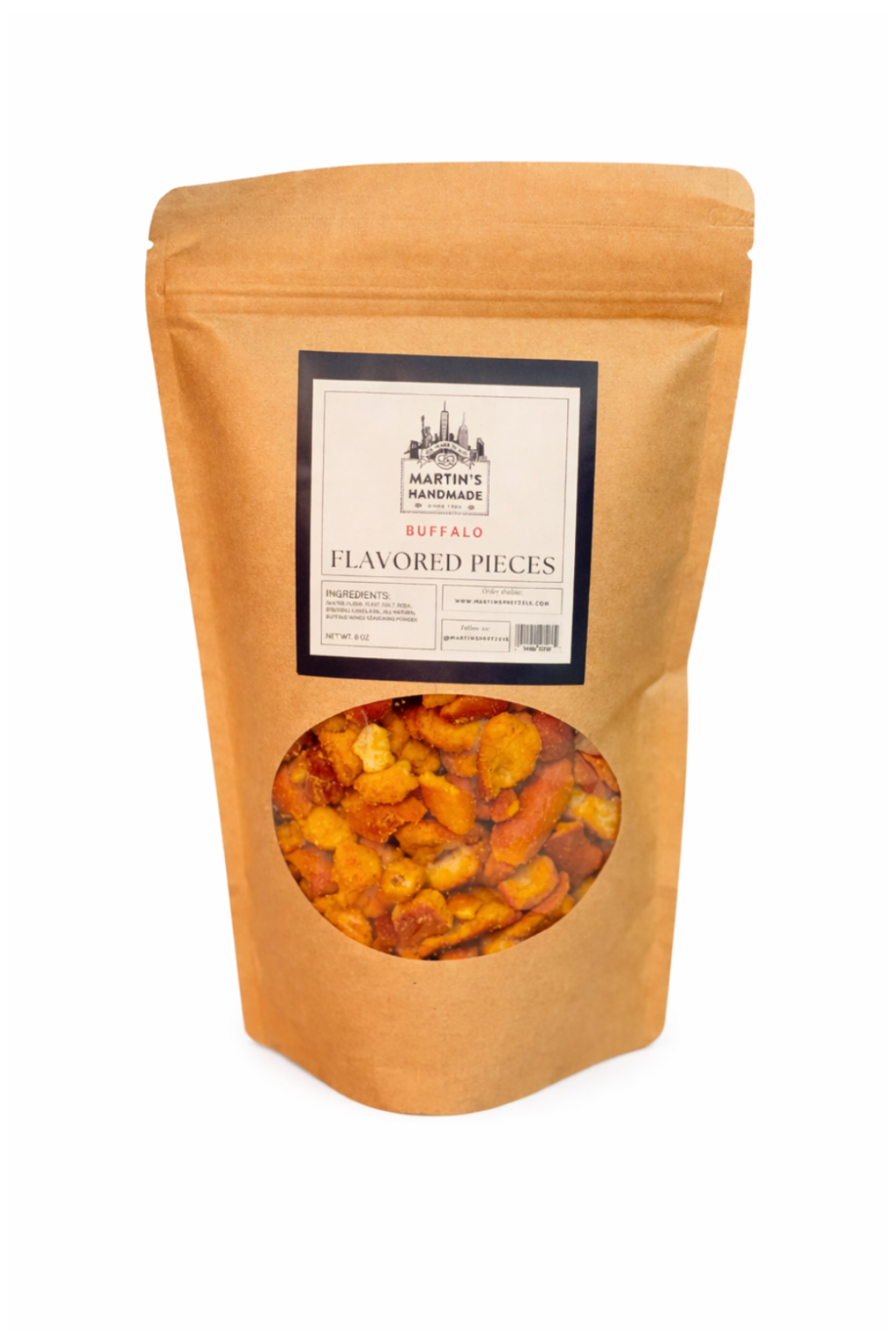 Bag of flavored pieces with a visible brand label on a white background