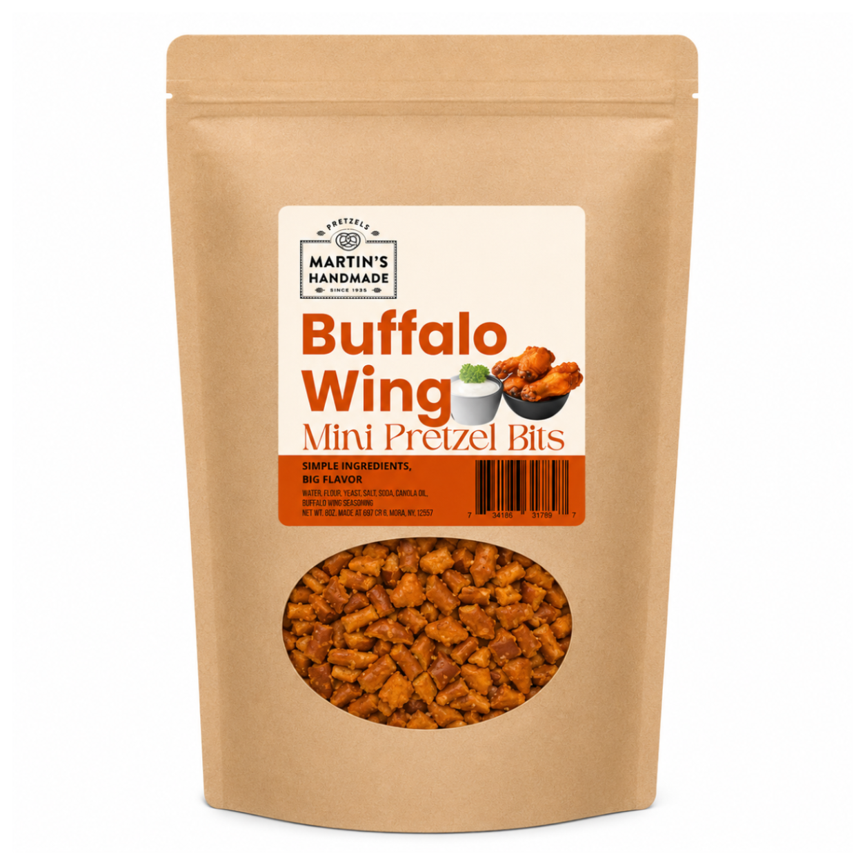A stand-up kraft paper pouch of Martin's Handmade Buffalo Wing Mini Pretzel Bits on a white background, with a clear window showing the pretzel pieces inside.