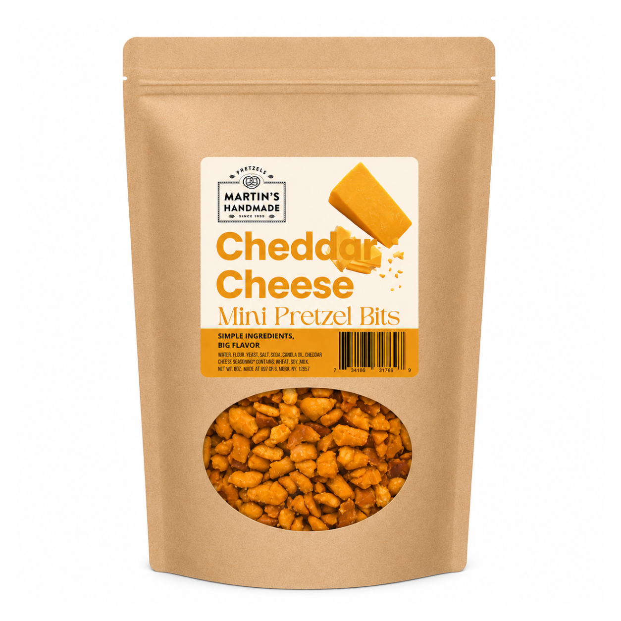 A stand-up kraft paper pouch of Martin's Handmade Cheddar Cheese Mini Pretzel Bits, featuring a clear window at the bottom showing the golden-brown pretzel pieces inside.