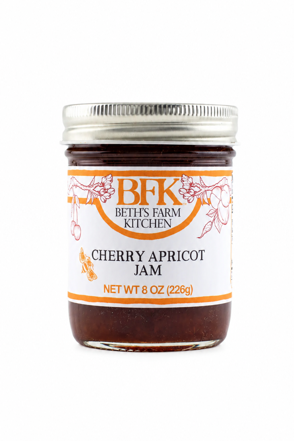Jar of cherry apricot jam from Beth's Farm Kitchen on a white background
