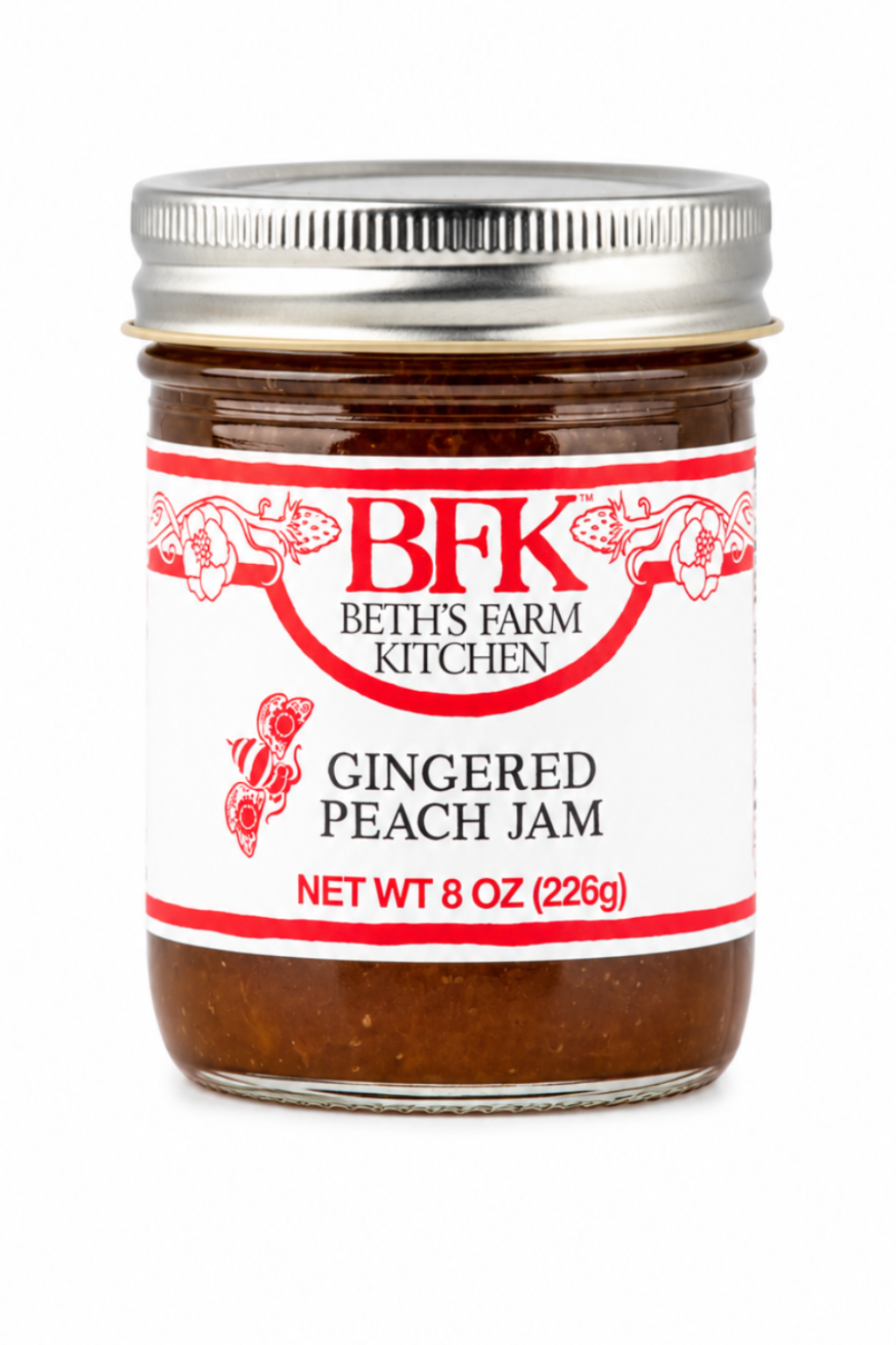 Jar of BFK Beth's Farm Kitchen Gingered Peach Jam on a white background