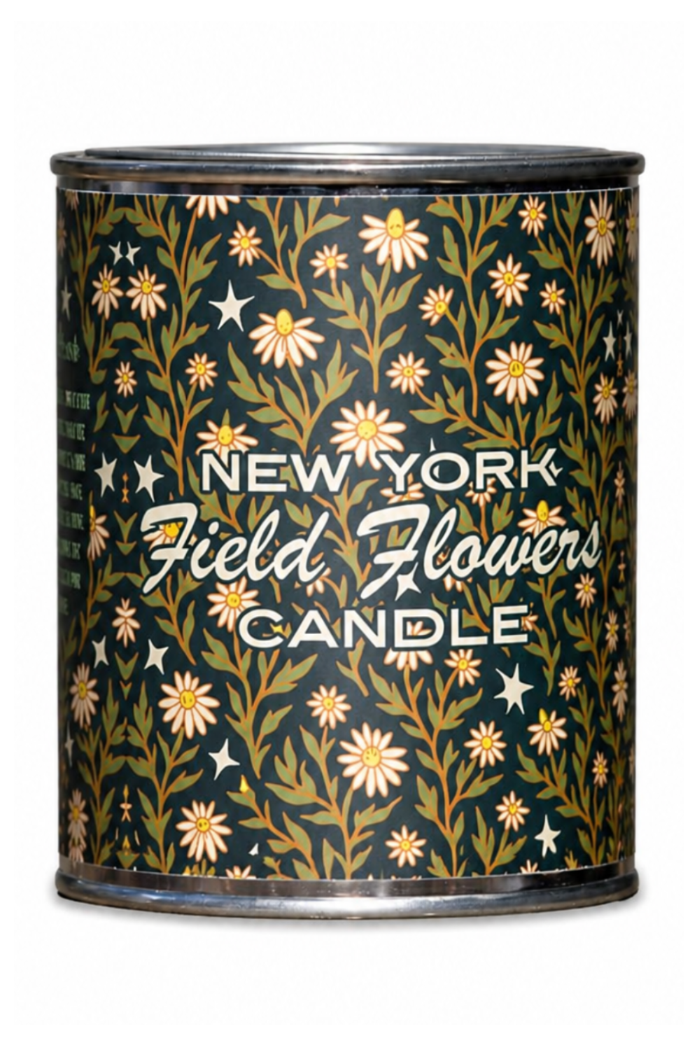 Candle container with floral design and 'New York Field Flowers Candle' text on a white background