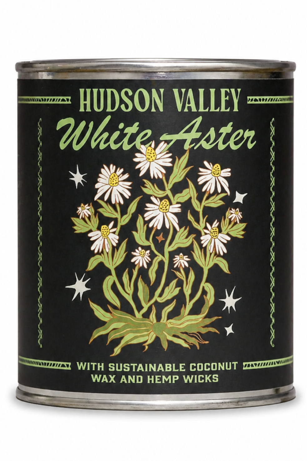 Hudson Valley candle can with white aster design on a black background