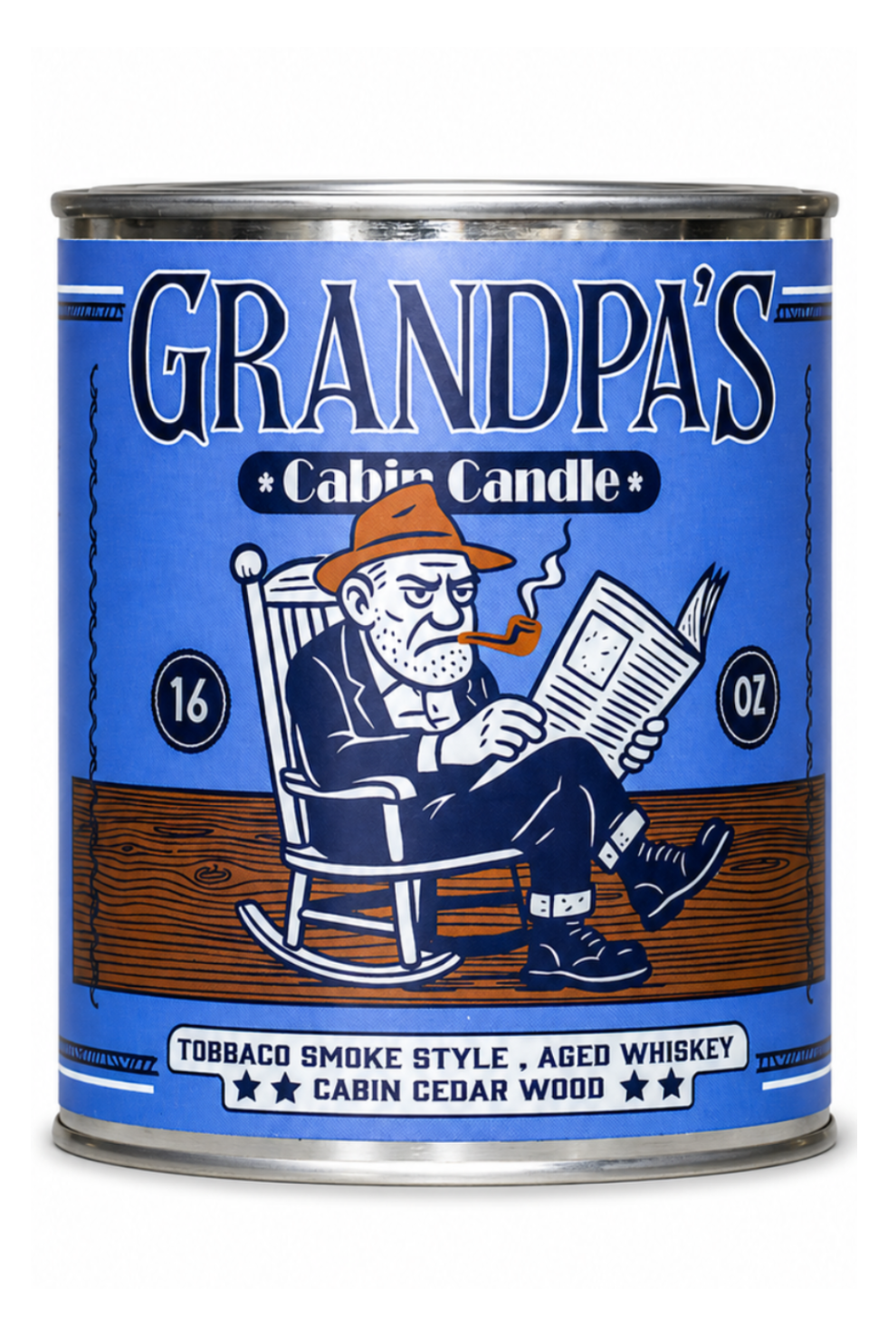 Can of Grandpa's Cabin Candle with a blue label and illustration of a man reading a newspaper.