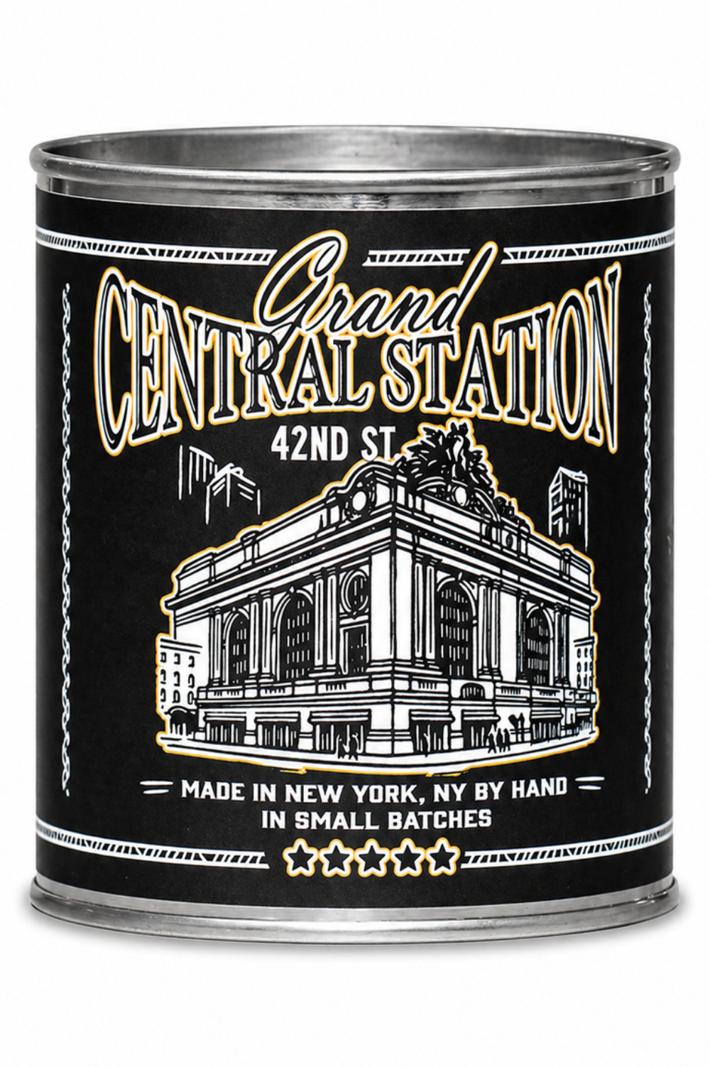 Can of 'Grand Central Station' with black label and silver lid on white background