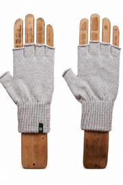 A pair of light gray knit fingerless gloves displayed on wooden mannequin hands against a plain white background.
