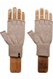 A pair of beige fingerless knit gloves displayed on wooden mannequin hands against a plain white background.