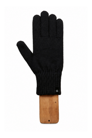 A single black knit glove displayed flat on a wooden hanger against a plain white background.
