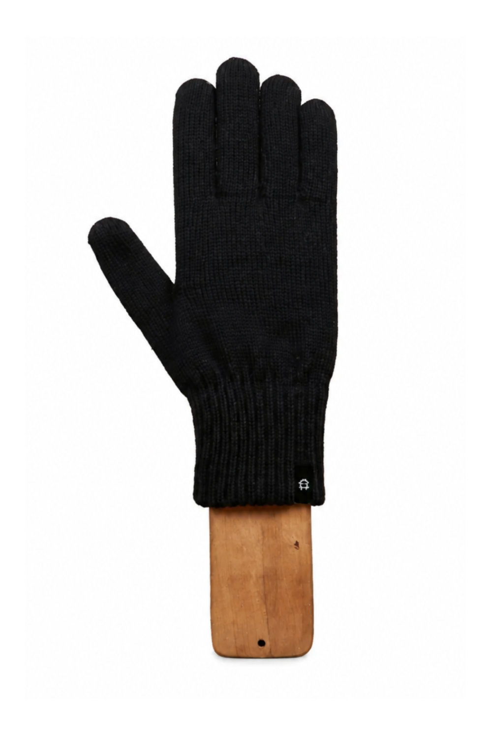 A single black knit glove displayed flat on a wooden hanger against a plain white background.
