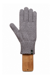 A single gray knit glove with a ribbed cuff, displayed on a wooden stand against a plain white background.