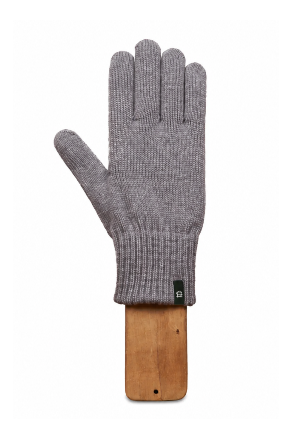 A single gray knit glove with a ribbed cuff, displayed on a wooden stand against a plain white background.