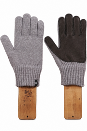 A pair of knit work gloves with brown leather palms, displayed on wooden handles against a white background.