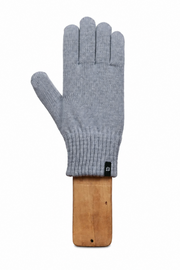 A light gray knit glove displayed on a wooden hanger against a plain white background.