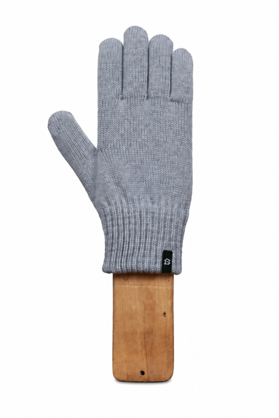 A light gray knit glove displayed on a wooden hanger against a plain white background.