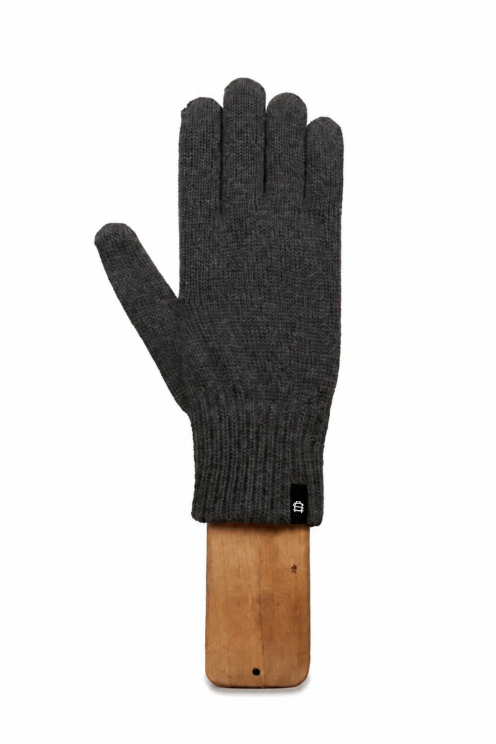 A single dark charcoal gray knit glove displayed on a wooden hanger against a solid white background.