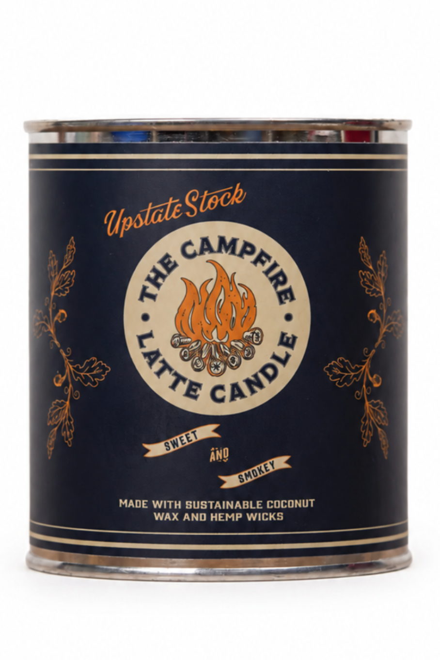 A single can of Upstate Stock 'The Campfire Lattle Candle' on a clean white background.