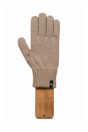 A single beige knit glove displayed on a wooden stand against a plain white background.