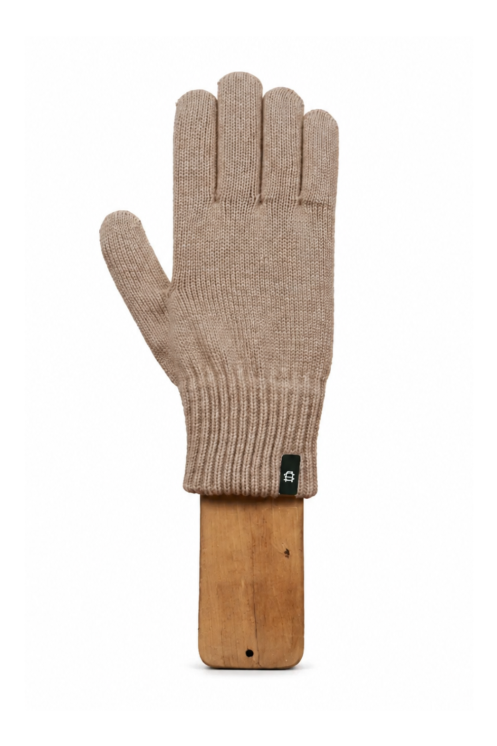 A single beige knit glove displayed on a wooden stand against a plain white background.