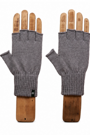 A pair of gray fingerless knit gloves displayed on wooden hand-shaped mannequins against a plain white background.
