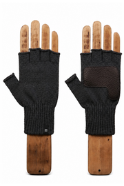 A pair of black fingerless knit gloves displayed on wooden hand forms against a plain white background, showing both the knit exterior and a textured brown palm patch.