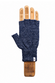 A single fingerless knit glove in dark heathered blue, displayed on a wooden hand form against a plain white background.