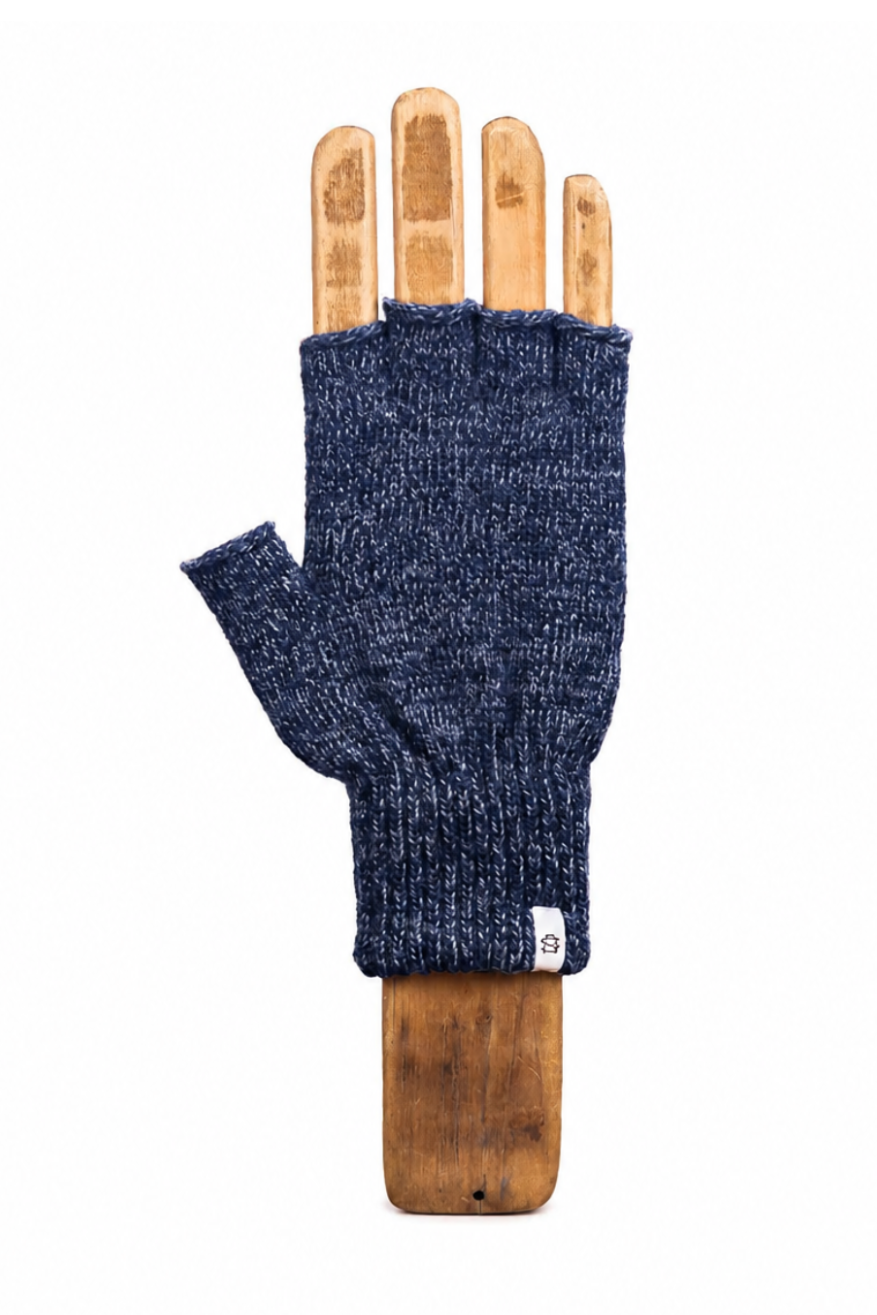 A single fingerless knit glove in dark heathered blue, displayed on a wooden hand form against a plain white background.