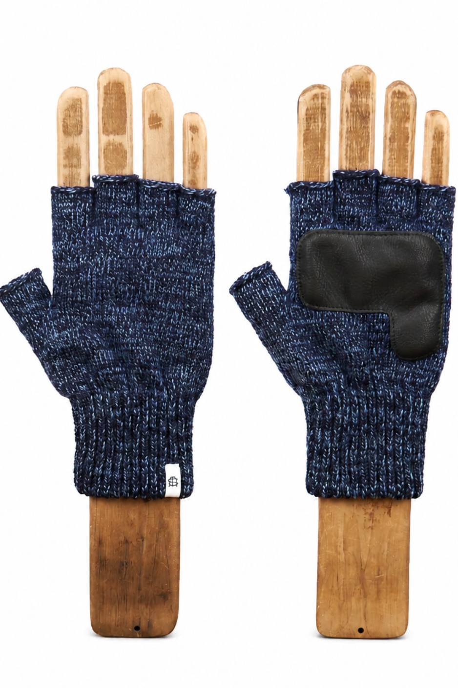 A pair of navy blue heathered knit fingerless gloves displayed on wooden mannequin hands against a plain white background.