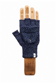 A single fingerless knit glove in dark heathered blue, displayed on a wooden hand form against a plain white background.