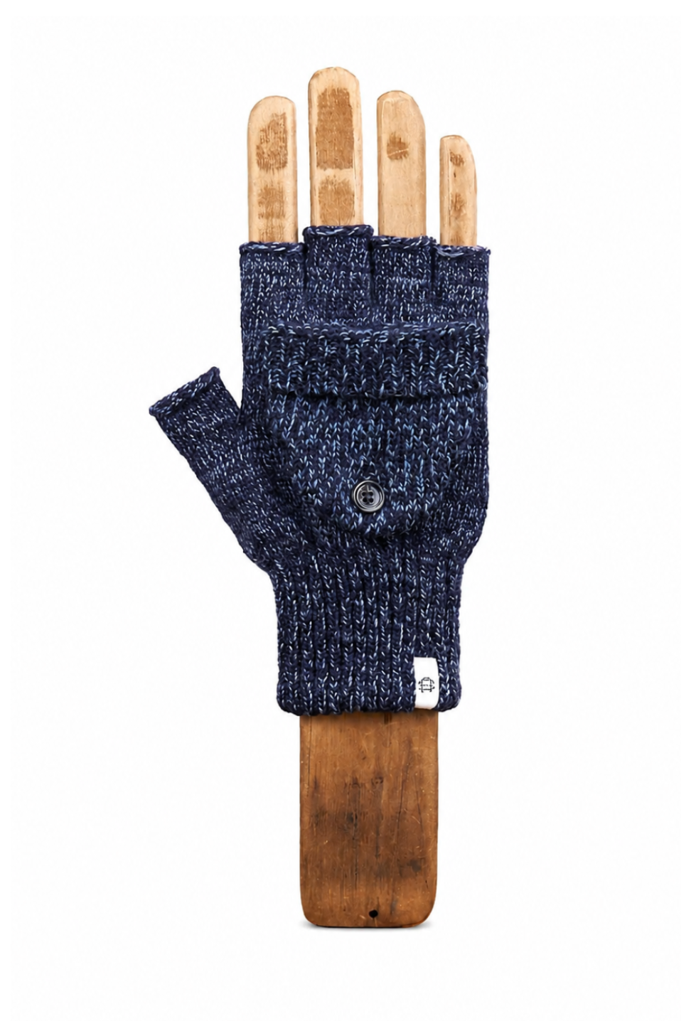 A single fingerless knit glove in dark heathered blue, displayed on a wooden hand form against a plain white background.