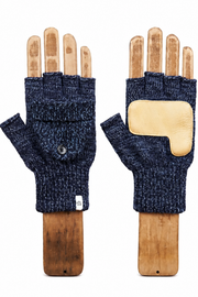 A pair of dark navy blue knit fingerless gloves displayed on wooden hand forms against a plain white background.