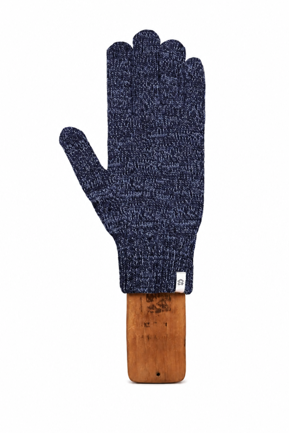 A single navy blue heathered knit glove displayed on a wooden stand against a plain white background.