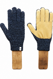 A pair of knit work gloves displayed side by side on wooden handles against a plain white background. One glove is dark navy blue knit, and the other shows a light tan leather palm with dark navy ribbed cuffs.