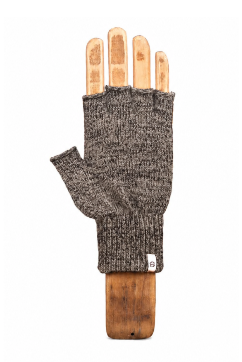 A single fingerless knit glove in a heathered dark gray-brown color, displayed on a wooden hand-shaped mannequin against a plain white background.