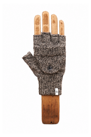 A single fingerless knit glove in a heathered brown and gray colorway, displayed on a wooden hand-shaped mannequin against a plain white background.