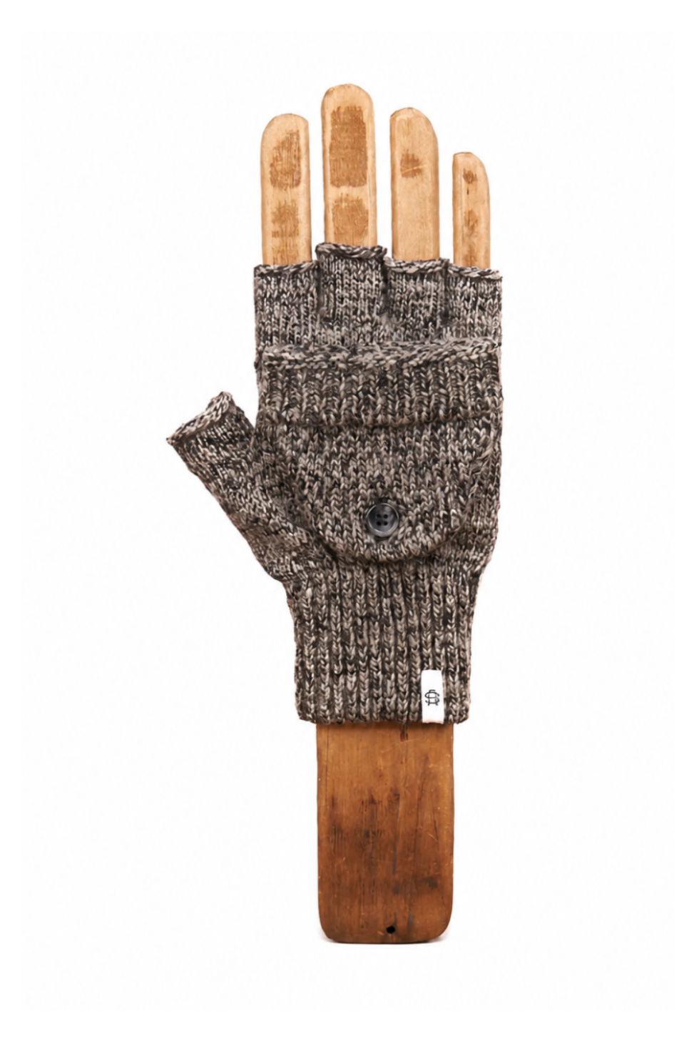 A single fingerless knit glove in a heathered brown and gray colorway, displayed on a wooden hand-shaped mannequin against a plain white background.