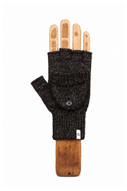 A single fingerless knit glove in dark charcoal gray heather fabric, displayed on a wooden hand-shaped stand against a plain white background.