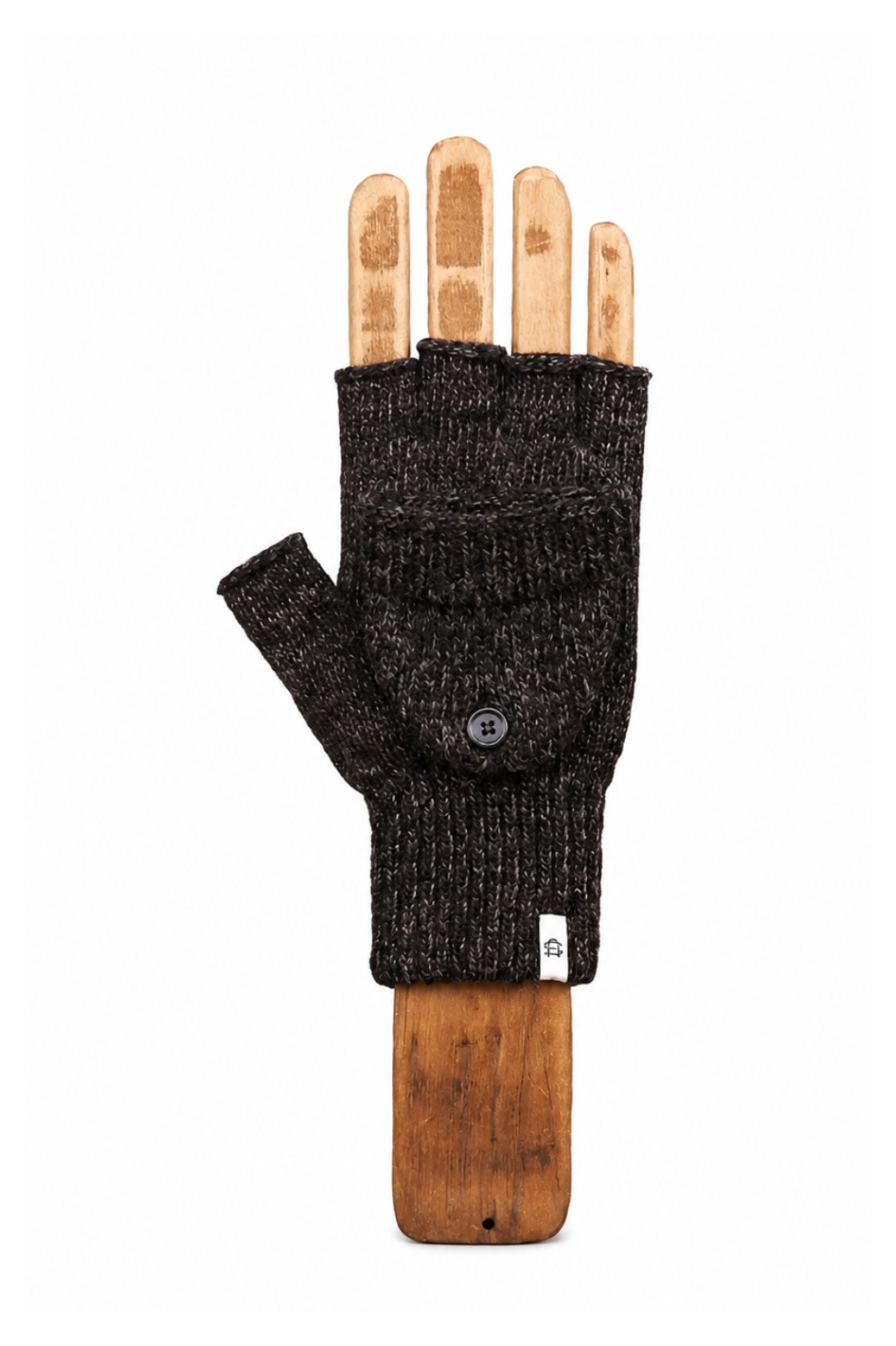A single fingerless knit glove in dark charcoal gray heather fabric, displayed on a wooden hand-shaped stand against a plain white background.