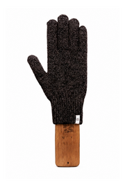 A single dark brown heathered knit glove with a wooden display block, photographed against a solid white background.