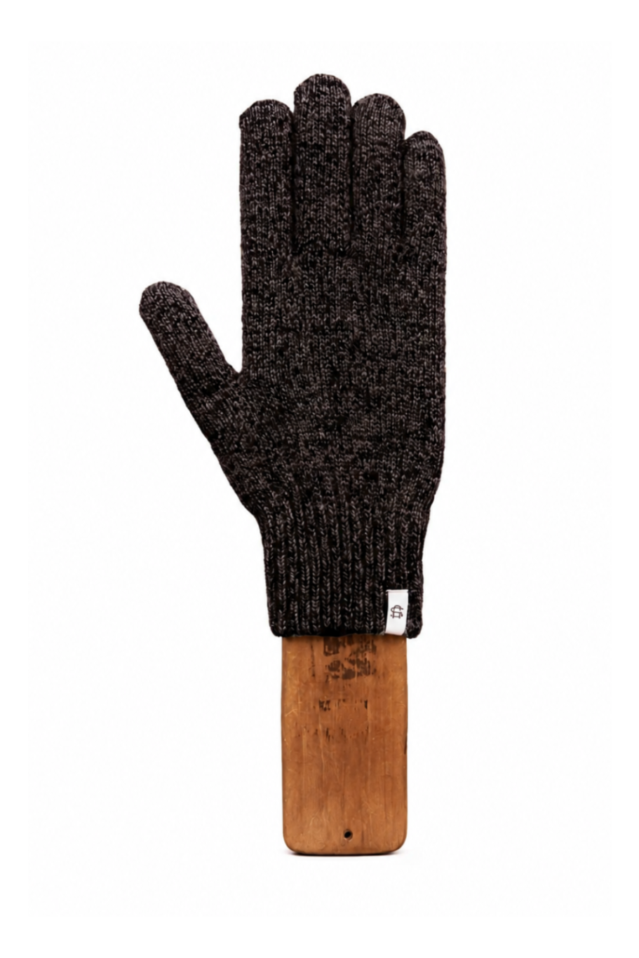 A single dark brown heathered knit glove with a wooden display block, photographed against a solid white background.