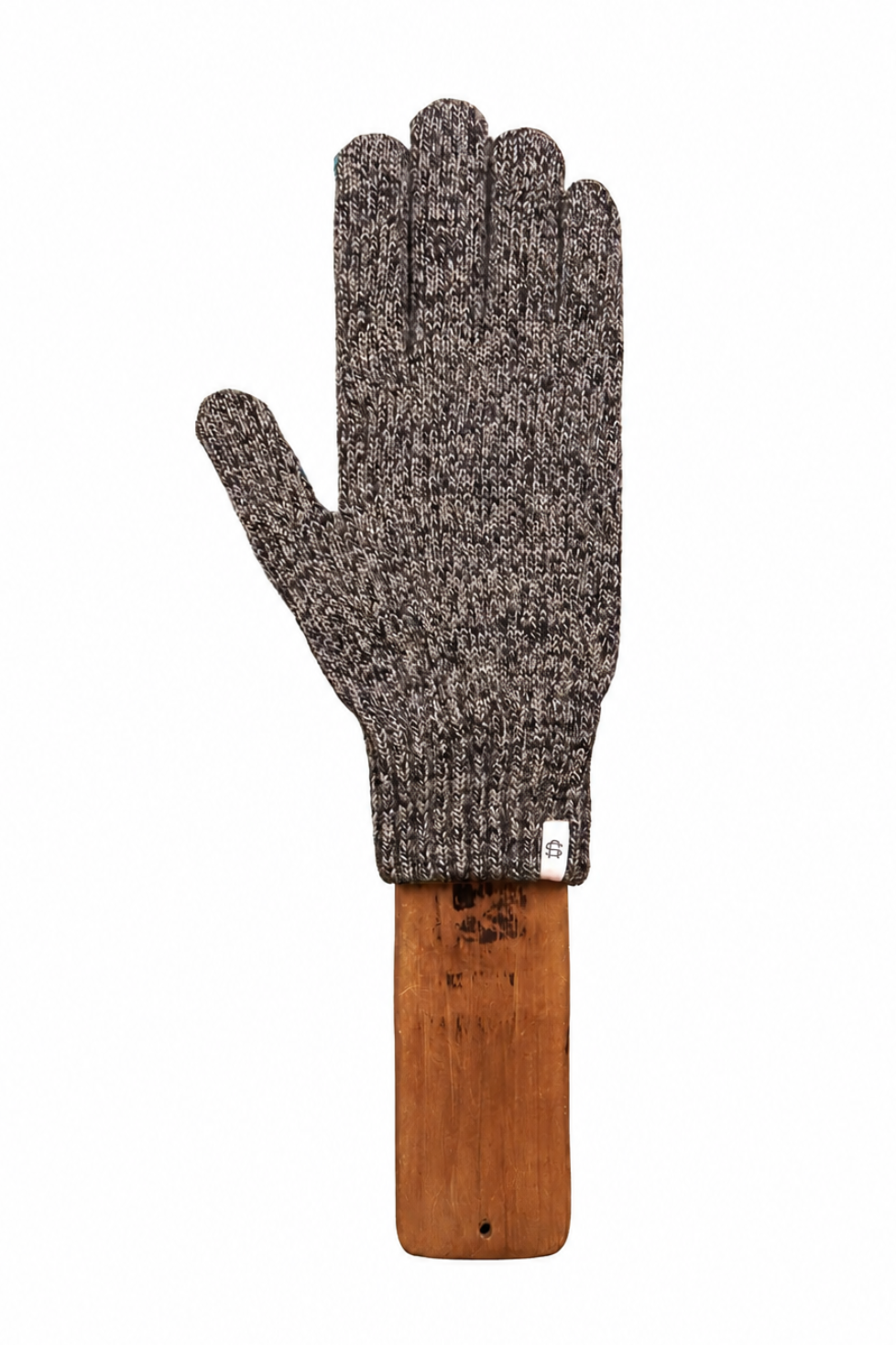 A single knit glove in a heathered gray and black marled pattern, displayed on a wooden hanger against a solid white background.