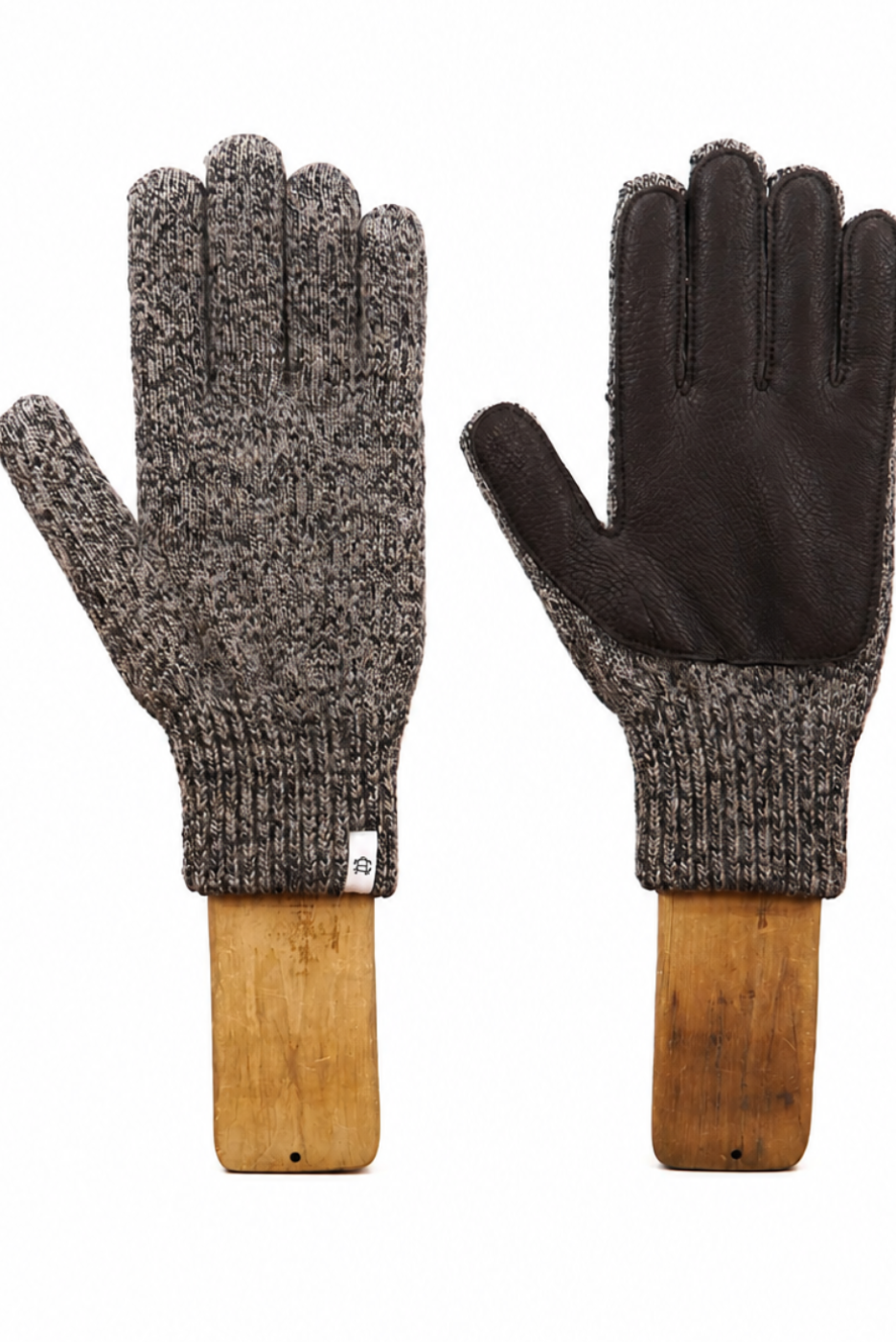 A pair of knit work gloves with dark brown leather palms and wooden handles, displayed side-by-side against a plain white background.