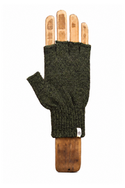 An olive green fingerless knit glove displayed on a wooden hand form against a plain white background.