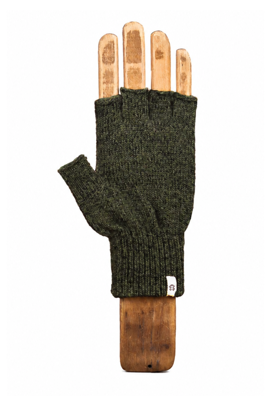 An olive green fingerless knit glove displayed on a wooden hand form against a plain white background.