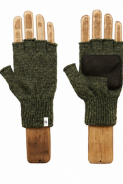 A pair of olive green fingerless knit gloves displayed on wooden hand forms against a plain white background.